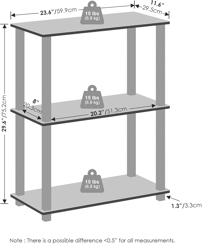 Furinno Turn-S-Tube 3-Tier Compact Multipurpose Shelf Display Rack with Square Tube, Amber Pine/Black, Set of 2