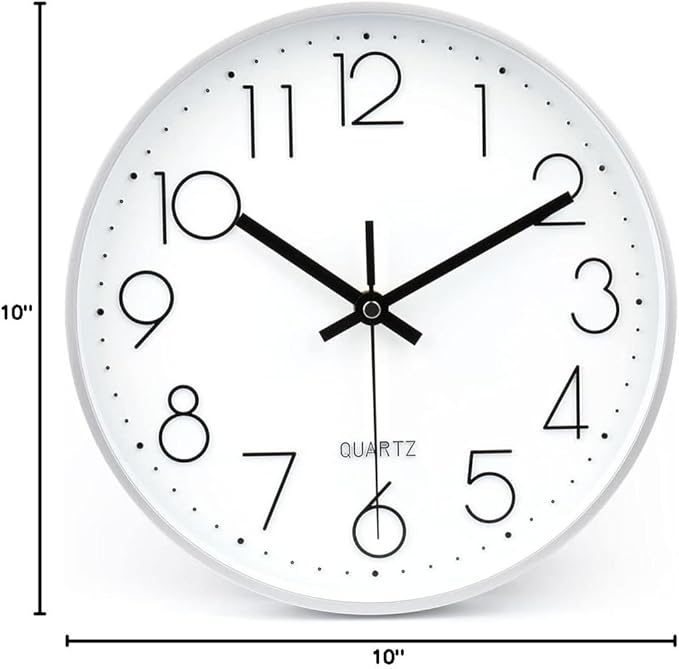 jomparis 10 Inch Silver Wall Clock Battery Operated Silent & Non-Ticking Wall Clock for Home Office Bathroom