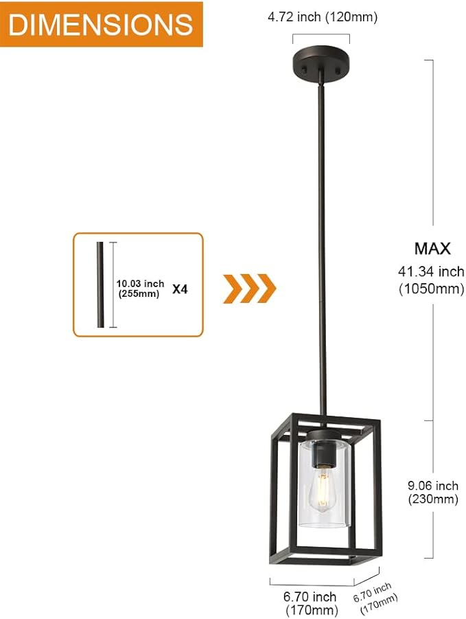 VINLUZ Modern 1-Light Cage Kitchen Island Pendant Lighting with Glass Shade Oil Rubbed Bronze Chandeliers Dining Room Lighting Fixtures Hanging Semi Flush Mount Ceiling Lights Bedrooms Hallway