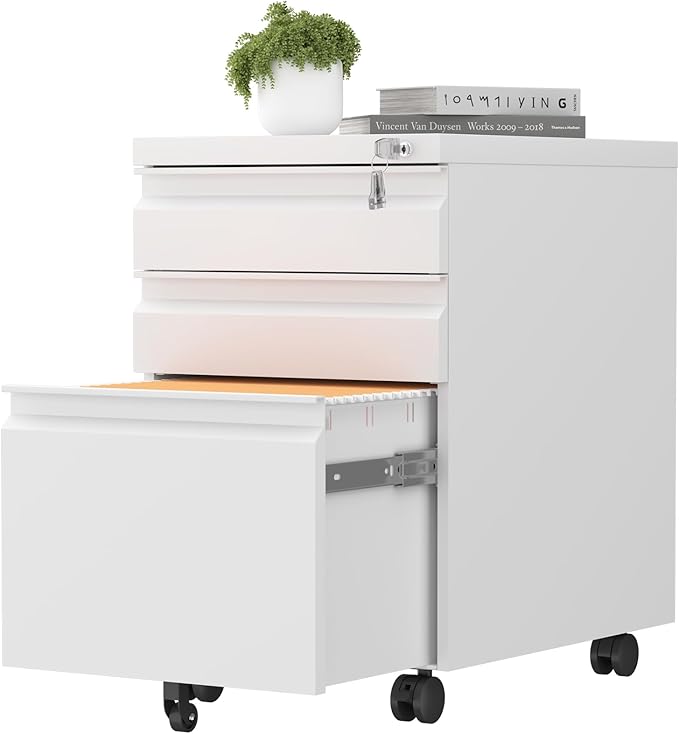 Filing Cabinets, Mobile File Cabinet with Lock for Home Office, 3 Drawer Filing Cabinet for A4/Letter/Legal Size Folder, Metal Vertical White Filing Cabnet on Wheels