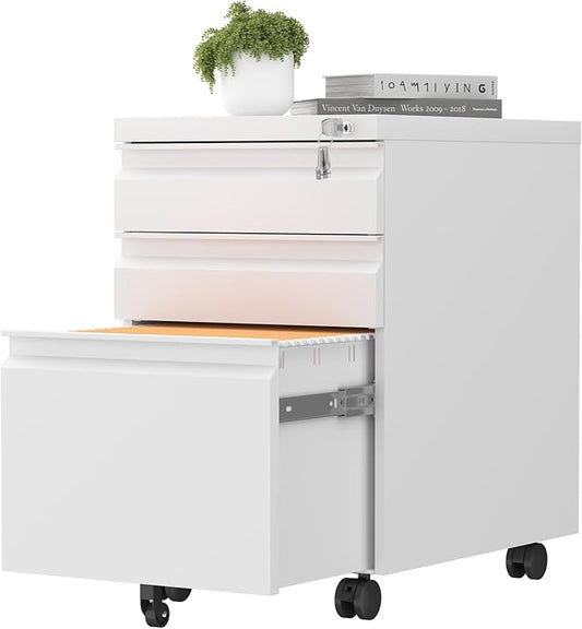 Filing Cabinets, Mobile File Cabinet with Lock for Home Office, 3 Drawer Filing Cabinet for A4/Letter/Legal Size Folder, Metal Vertical White Filing Cabnet on Wheels