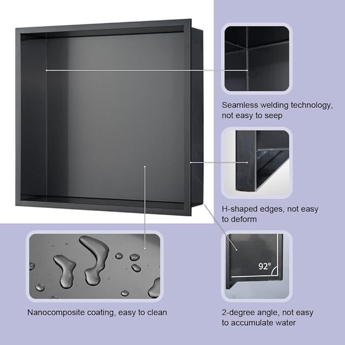 Shower Niche, 14"x16" No Tile Needed, The Insert Storage Rectangle Single Shower Shelf is Easy to Install, Stainless Steel, Black Grey