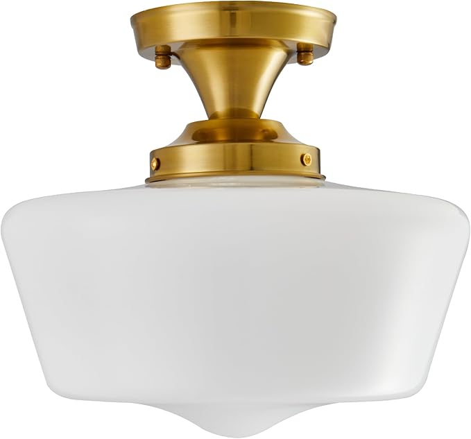 Schoolhouse Light Fixture Modern Gold Ceiling Light,Semi Flush Mount Ceiling Light,12''Wide Opal Milk Glass Shade,Brass Vintage Light for Farmhouse Bedroom Kitchen Hallway Entryway