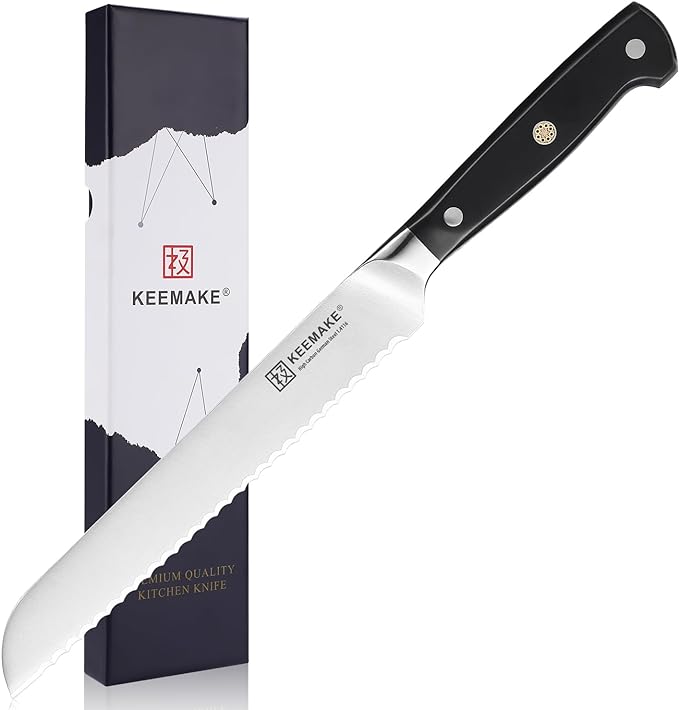 KEEMAKE 8 Inch Serrated Bread Knife for Homemade Bread, High Carbon Stainless Steel Razor Sharp Carving Knife, Sourdough Knife for Slicing Homemade Bread, Bagels, Cake