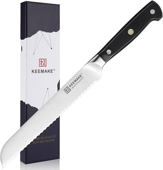 KEEMAKE 8 Inch Serrated Bread Knife for Homemade Bread, High Carbon Stainless Steel Razor Sharp Carving Knife, Sourdough Knife for Slicing Homemade Bread, Bagels, Cake