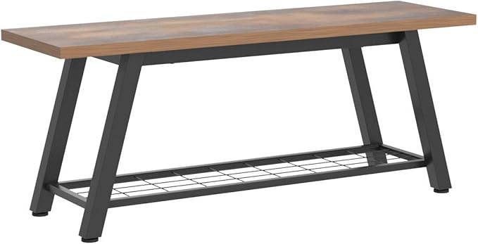 Storage Bench Industrial Rustic Wooden and Metal Entryway Shoe Boots Storage Rack Long Bench Seat for Hallway Bedroom Retro Brown Farmhouse Style