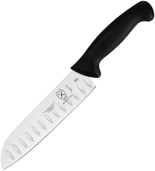 Mercer Culinary M22707 Millennia Black Handle, 7-Inch Granton Edge, Santoku Knife