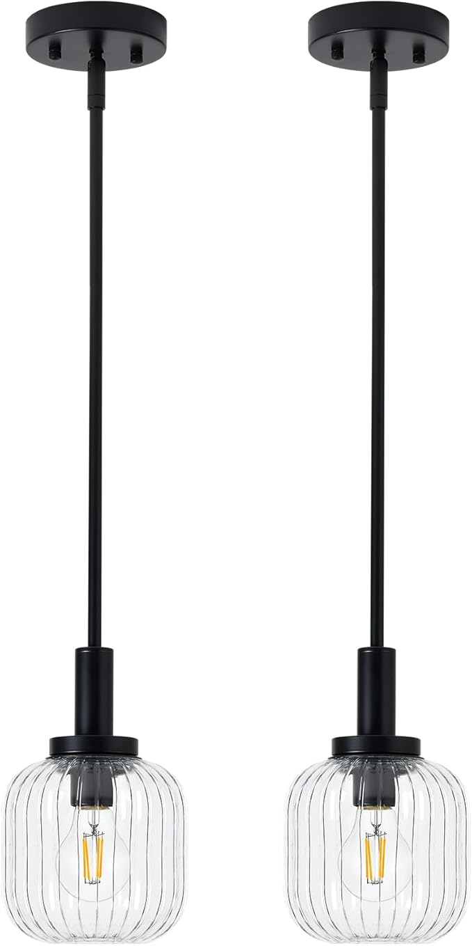 Glass Pendant Lights Kitchen Island 2 Pack, 5.9" Black Modern Pendant Light with Clear Glass and Rods, Mini Hanging Lighting for Kitchen Sink Bathroom Bedroom, OS-YQ7749-2PBK