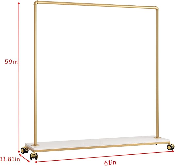 Gold Metal Clothing Rack with Wood Shelf, Heavy Duty Rolling Garment Rack with Wheels for Bedroom Retail Boutique Use (61L inches)