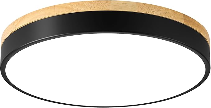Dimmable Wood LED Ceiling Light Fixture, Black Round Low Profile Flush Mount Ceiling Lighting, Modern 5CCT 2700K-6000K Ceiling Lamp for Living Room Hallway Kitchen Bedroom, 15.8in