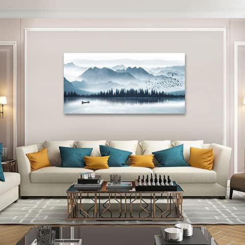 arteWOODS Indigo Canvas Wall Art Misty Mountain Wall Pictures Foggy Lake Boat Canvas Painting Blue Forest Birds Canvas Wall Decor for Living Room Wall Decorations Framed Ready to Hang 29" x 58"