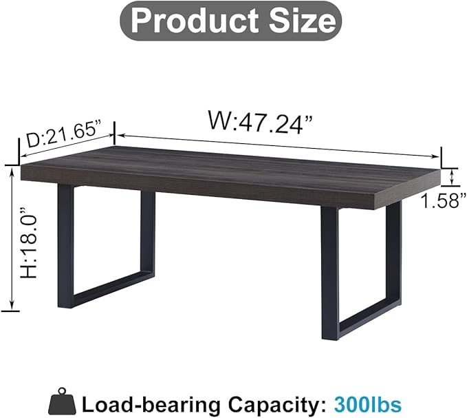 IBF Rustic Coffee Table, Wood and Metal Simple Industrial Modern Center Table, Minimalist Rectangle Wooden Farmhouse Cocktail Table for Living Room, Dark Gray Oak, 47 Inch