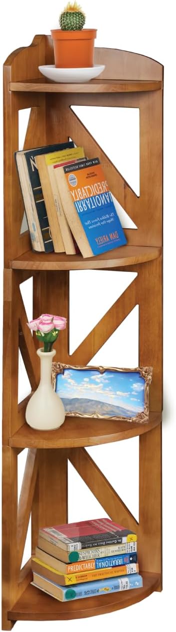 Corner Shelf Stand, Corner Bookshelf, Small Corner Shelves by Natural Wood, Plant Stand, Corner Bookcase for Living Room, Home Office, Bedroom, (Brown, 4 Tier)