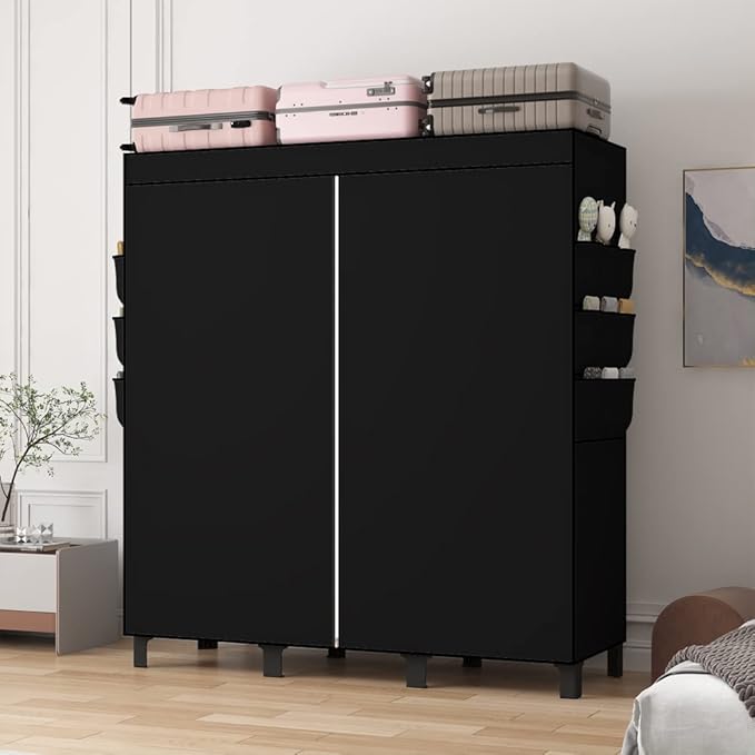 Portable Closet, Clothes Storage Box, Simple Wardrobe for Hanging Clothes, Multiple Shelves and 3 booms,6 Side Pockets (Black)” (Black, Large)