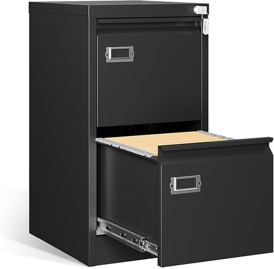 2 Drawer File Cabinet with Lock,Vertical Filing Cabinet for Home Office,Metal File Cabinets with Lock,Storage Files for A4/ Legal/Letter, Require Assembly, (Black)