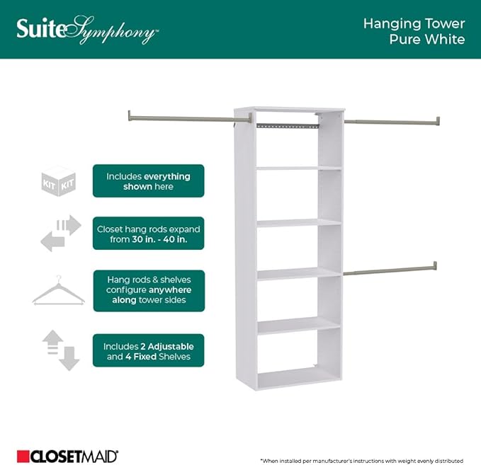 ClosetMaid SuiteSymphony Hanging Tower Organizer with (3) Closet Rods, and (6) Shelves, 81" to 121" W x 71.6" H x 14.6" D, White