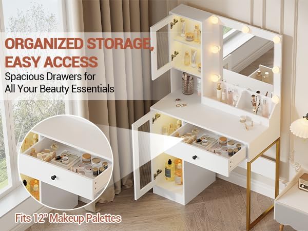 Vanity Desk with Mirror and Lights, Makeup Dressing Table w/Adjustable Bulbs, Outlets & USB Ports, Sturdy MDF Top & Metal Leg, Smart Storage Drawers & Cabinets for Bedroom