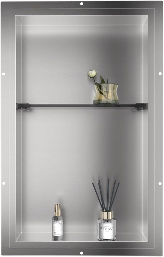 CKB Shower Niche Stainless Steel, 24 Inch x 14 Inch x 4 Inch Depth, Double-Layer Storage Shelves, Recessed Shower Shelf with Brushed Nickel