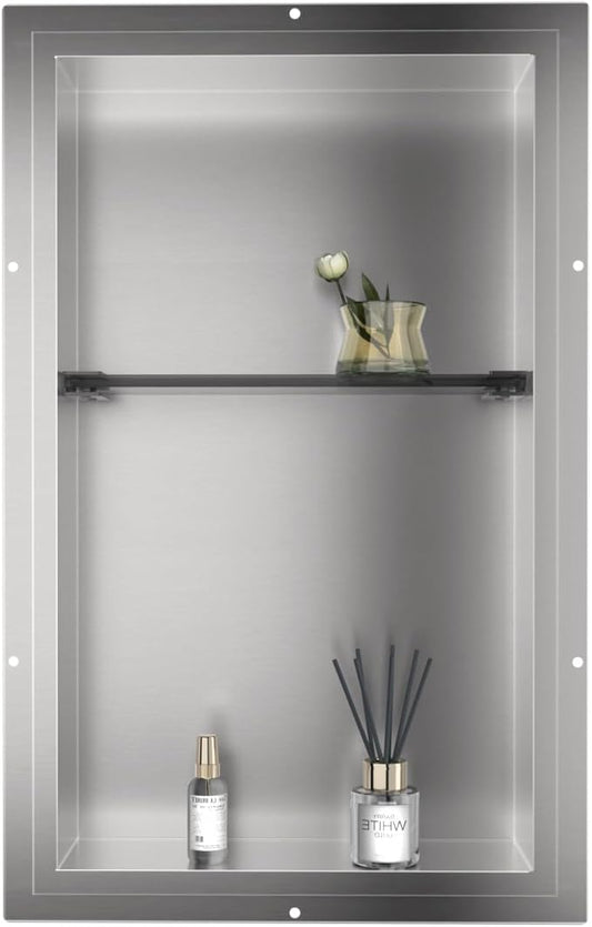 CKB Shower Niche Stainless Steel, 24 Inch x 14 Inch x 4 Inch Depth, Double-Layer Storage Shelves, Recessed Shower Shelf with Brushed Nickel