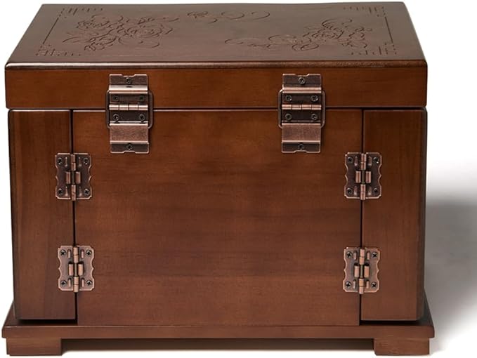 FEECOZ Wooden Jewelry Box for Women, Solid Wood Jewelry Organizer with Mirror and 3-Drawer, Ring,Necklacel,Vintage Style Storage Box with Lock (Dark Brown(lotus pattern)