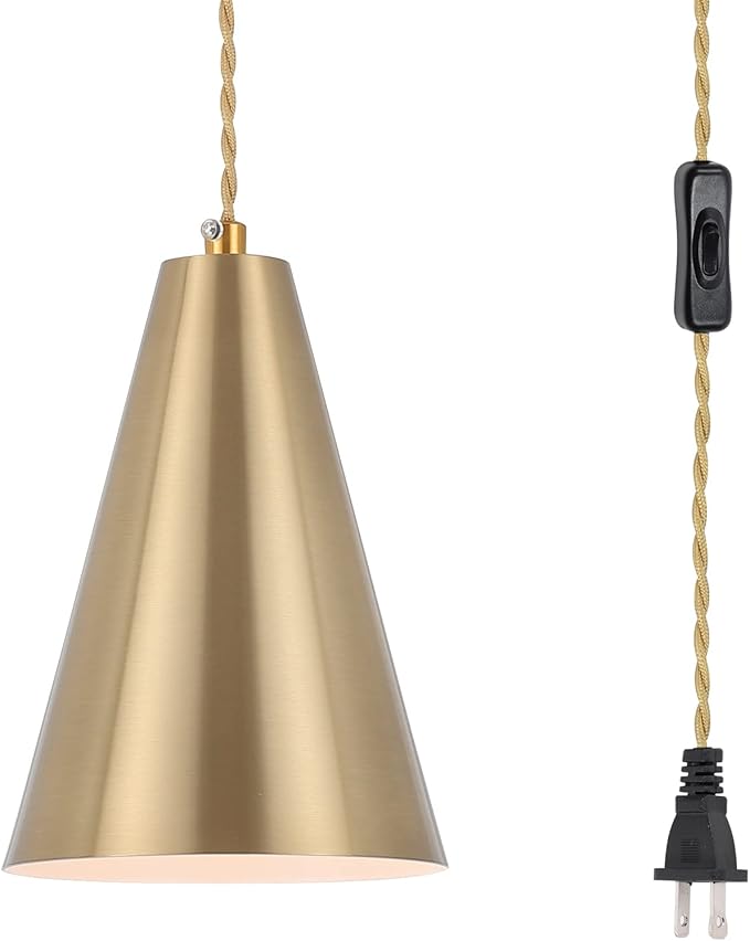 Gold Plug In Pendant Light,Hanging Lights With Plug In Cord On/Off Switch, Mini Brass Pendant Lights for Kitchen Island,Modern Chandeliers Light Fixture with Metal Shade,Hanging Lamps for Bedroom