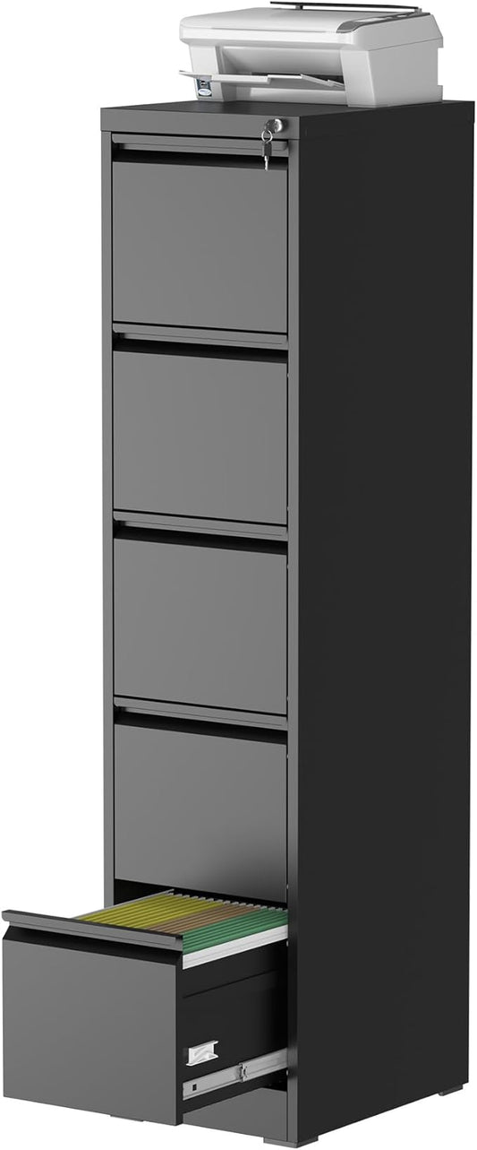 5 Drawer File Cabinet with Lock, Steel Vertical Filing Storage Cabinet for Home Office, Heavy-Duty File Cabinets for Letters/Legal/A4 (Require Assembly, Black)