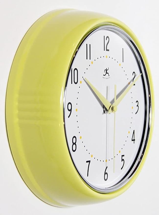Infinity Instruments LTD. Retro 9 inch Silent Sweep Non-Ticking Mid Century Modern Kitchen Diner Wall Clock Quartz Movement Retro Wall Clock Decorative (Aura Yellow)…