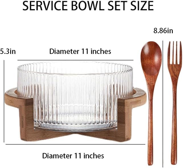 Glass Salad Bowl with Bamboo Base-4QT Party Serving Set with Utensils, Durable Calcium Glass & Rustic Wood Stand for Entertaining, Dishwasher-Safe Fruit Vegetable Mixing Bowl