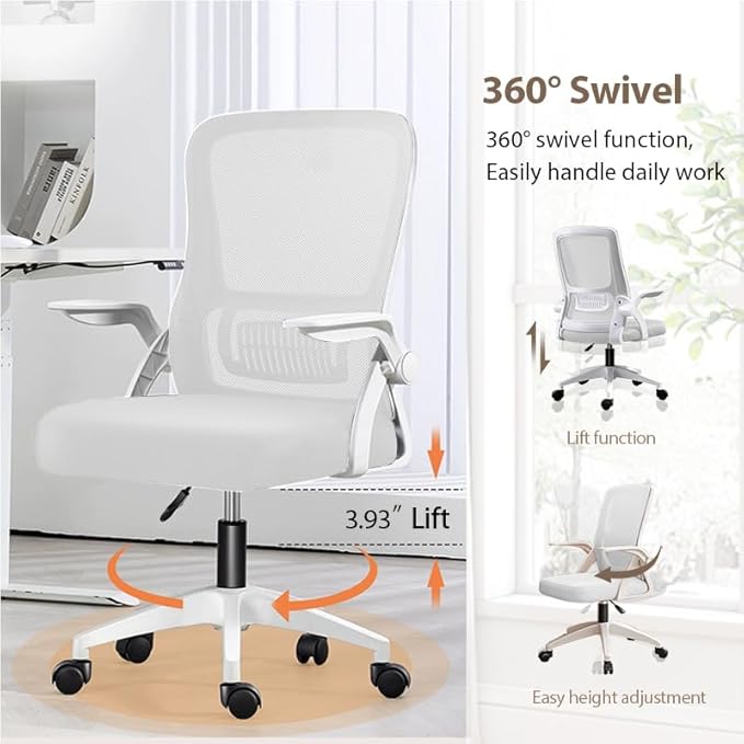 Office Chair, Ergonomic Desk Breathable Mesh Swivel Chair with Flip-Up Arms and Lumbar Support Computer for Home Office