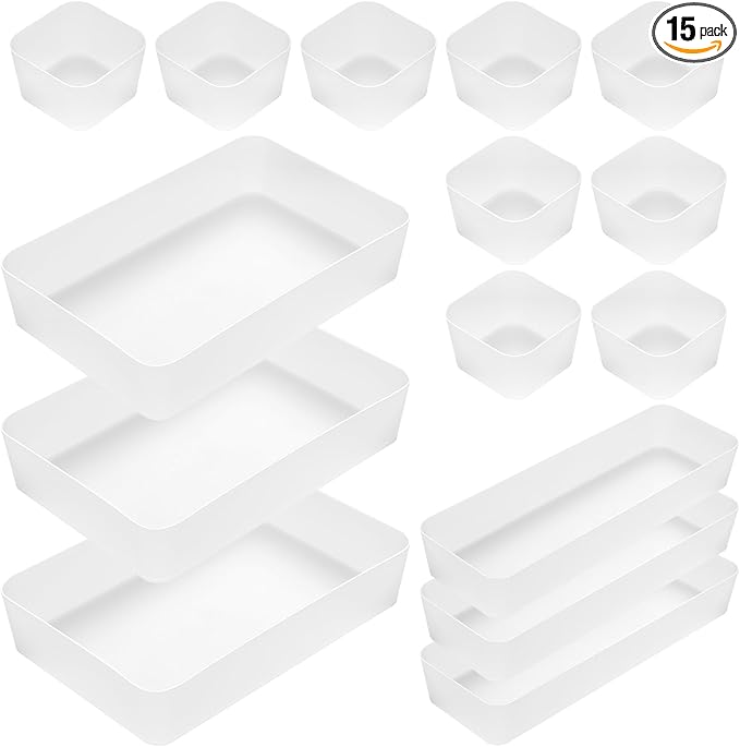 Poeland 15 Pcs Drawer Organizer Tray Storage Box for Bedroom Dresser Bathroom Kitchen, Frosted