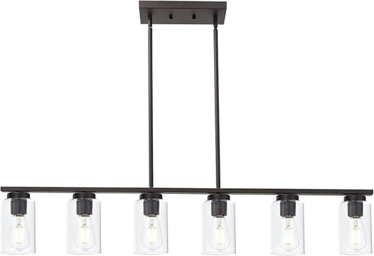 6-Light Kitchen Island Lighting Fixtures, Clear Glass Farmhouse Pendant Lights Hanging Chandelier in Oil Rubbed Bronze for Dining Room Table Cafe Bar