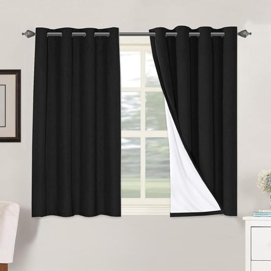 H.VERSAILTEX 100% Blackout Curtains for Bedroom Thermal Insulated Linen Textured Curtains Heat and Full Light Blocking Drapes Living Room Curtains 2 Panel Sets, Black, 52x45 Inch