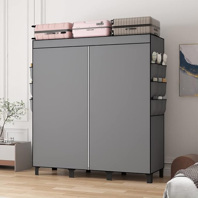 Portable Closet, Clothes Storage Box, Simple Wardrobe for Hanging Clothes, Multiple Shelves and 3 booms,6 Side Pockets (Grey) (Grey, Large)