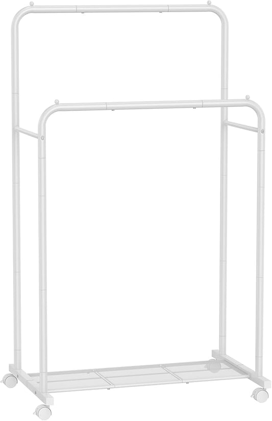 SONGMICS Double Rods Clothes Rack with Wheels, Clothing Rack for Hanging Clothes, Heavy Duty Garment Rack with Mesh Storage Shelf, 2 Brakes, Each Top Rail Holds up to 77 lb, White UHSR026W01