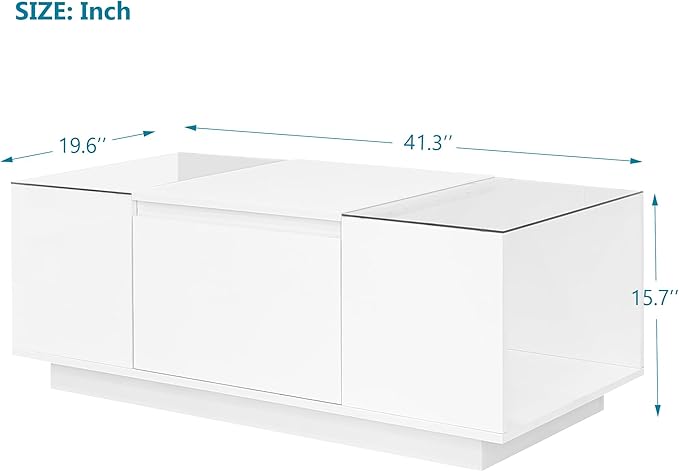 Modern High Gloss Coffee Table with Storage, 41.3-Inch Glass Top Center Cocktail Table with Drawers for Living Room, White