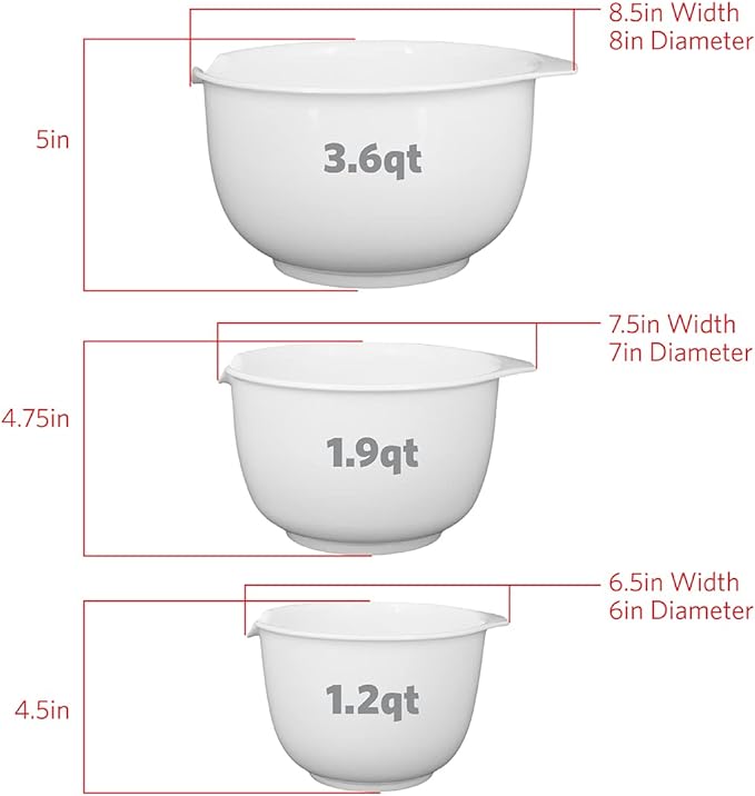 GLAD Mixing Bowls with Pour Spout, Set of 3 | Nesting Design Saves Space | Non-Slip, BPA Free, Dishwasher Safe Plastic | Kitchen Cooking and Baking Supplies, White