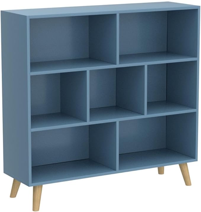 IOTXY Wooden Open Shelf Bookcase - 3-Tier Floor Standing Display Cabinet Rack with Legs, 7 Cubes Bookshelf, Bright Blue
