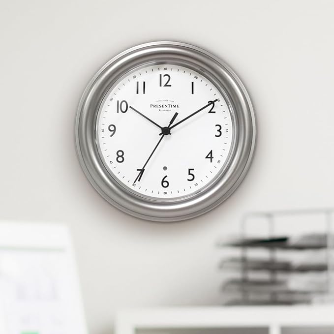 Presentime & Co. 8.5" Modern Farmhouse Night Light Wall Clock, Silent Non Ticking, Silver Color. (Luminous Wall Clock for Office, Home, Bathroom, Kitchen, Bedroom, and School)
