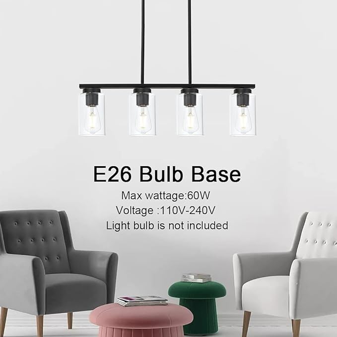 Black Pendant Light Fixtures with Clear Glass Shades, 4-Lights Linar Kitchen Island Light for Farmhouse Dining Room Kitchen Pool Table