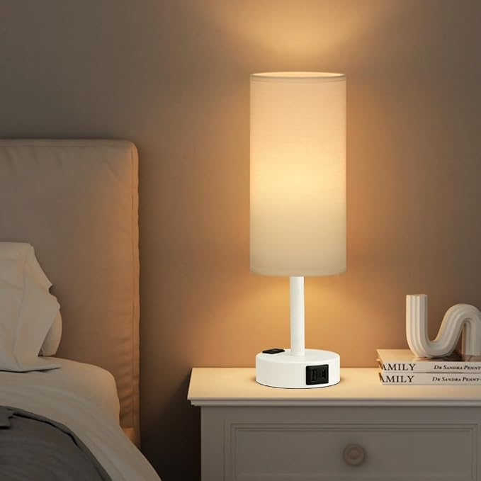 Matte White Bedside Table Lamp for Bedroom - 3 Way Dimmable Touch Lamp USB C Charging Ports and AC Outlet, Small Lamp Round Flaxen Fabric Shade for Living Room, Desk, LED Bulb Included