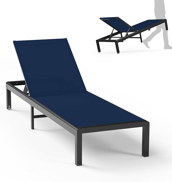 Aluminum Lounge Chairs Outdoor Chaise Furniture,2 Sets Patio Metal Deck Lounger Adjustable 5-Position Poolside Chase Recliner with Wheels for Beach,Coffee Table, (NavyBlue, 1 Chair)