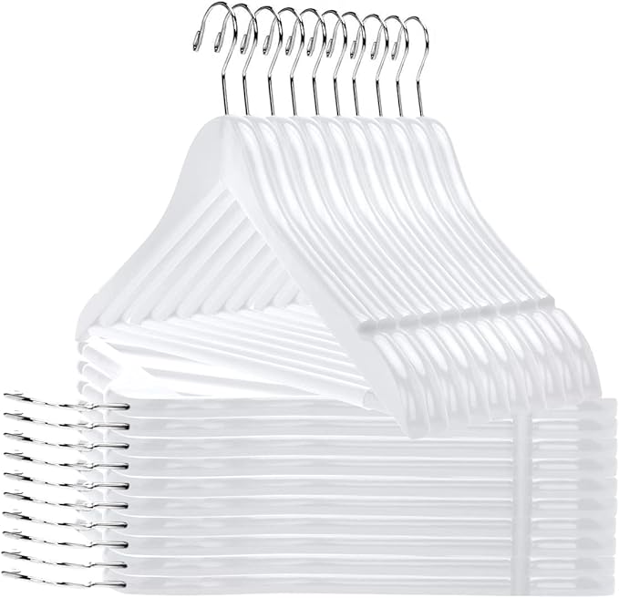 Quality Hangers Wooden - Slightly Curved Hanger 90 Pack Sets - Solid Wood Coat with Stylish Chrome Hooks - Heavy-Duty Clothes, Jacket, Shirt, Pants, Suit Hangers(White, 90), 17.5 inch, W040-30/ctn