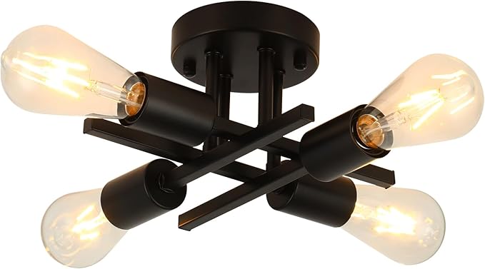 WILON Semi Flush Mount Ceiling Light Fixture, 4-Light Industrial Black Ceiling Light, Modern Sputnik Chandelier Small Ceiling Lamp for Kitchen Bedroom Living Room Dining Bathroom Laundry Hallway
