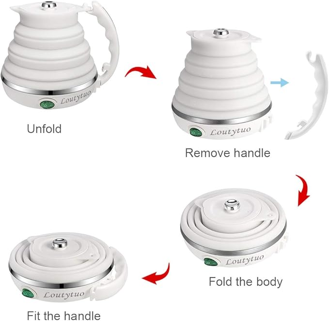 Ultrathin Upgraded Food Grade Silicone Travel Foldable Electric Kettle Boil Dry Protection Portable with Dual Voltage and Separable Power Cord,555ML 110-220V US Plug