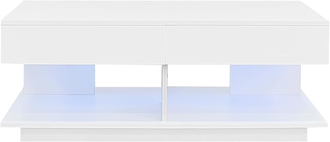 Modern High Gloss LED Coffee Table Center Table with Hidden Storage Space, Extending Top & LED Light for Living Room, White