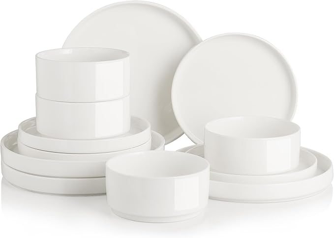 Sweejar Porcelain Dinnerware Sets for 4, 12 Pieces Ceramic Plates and Bowls Set, Classic Modern Simple Kitchen Dinner Dining Ware Set, Dishwasher and Microwave Safe Dishes Sets(Pure White)