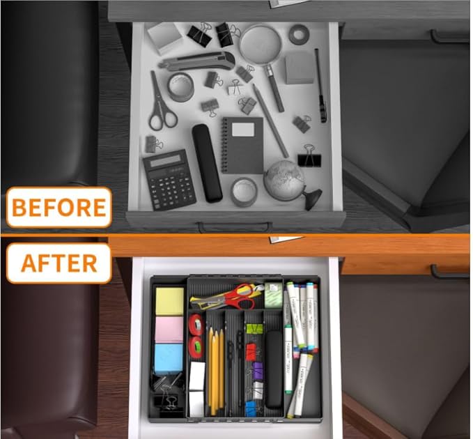 IEEK Silverware Organizer for Kitchen Drawers,Expandable Utensil Tray, Adjustable Cutlery and Flatware Holder,Plastic Drawer Dividers For Spoon Forks Knives Chopsticks Storage,Black-M