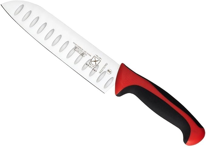 Mercer Culinary Millennia Colors Santoku Knife, 7-Inch Granton Edge, Red