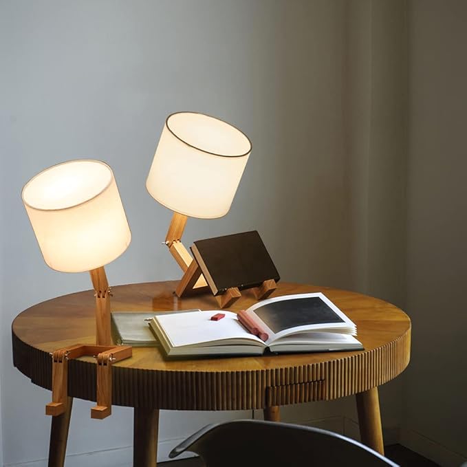 ELINKUME Robot Desk Lamp Set of 2, Creative Bedside Lamp for Bedroom,Wooden Lamp Body Adjustable,DIY E26 Living Room Table Lamps with Fabric Shade,Modern Indoor Decorative Lighting, TB-QBT005-WHM2