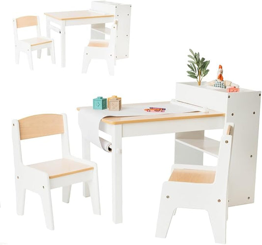 Art Table for Kids - 3 in 1 Kids Table and Chairs Set (2 Chairs Included), White Wooden Craft Table for Kids with Bookshelf and Paper Roller, Arts & Crafts Activity Table - Kids Art Table by Cal & Rye